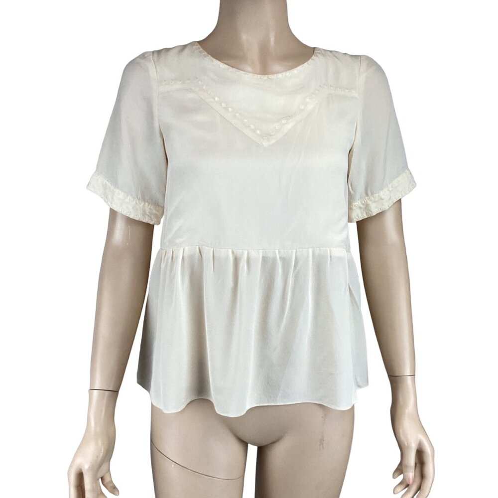Lauren Moffatt Top Size Small Silk Cream Peplum‎ Blouse Embroidery Short Sleeves
